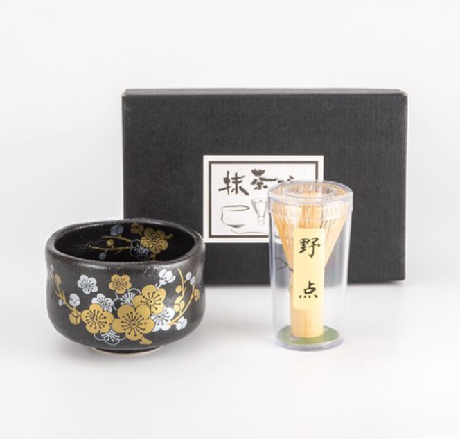 【預訂】日本製 黑色金櫻抹茶碗連茶筅套裝