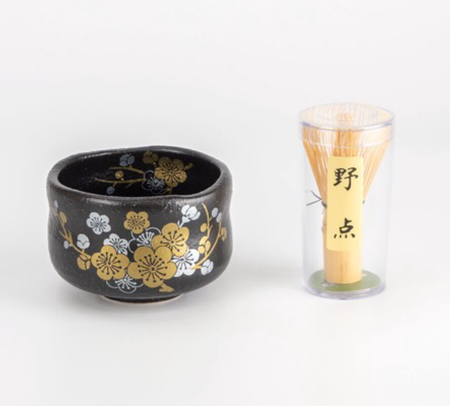 【預訂】日本製 黑色金櫻抹茶碗連茶筅套裝