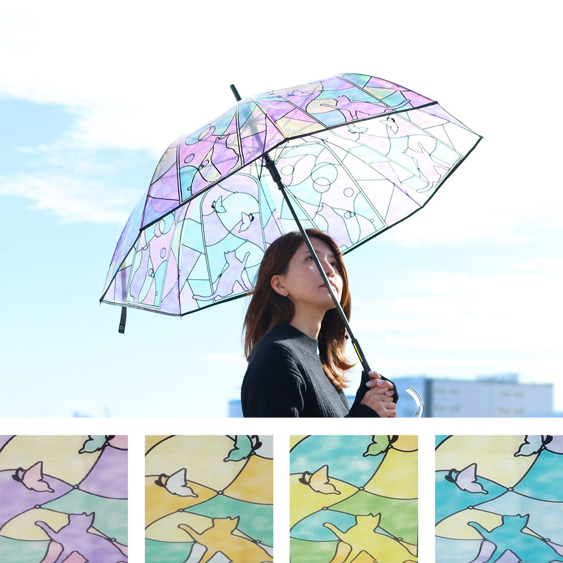 【預訂】日本直送 彩繪玻璃風貓與蝶透明雨傘