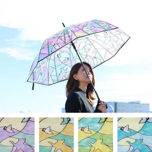 【預訂】日本直送 彩繪玻璃風貓與蝶透明雨傘