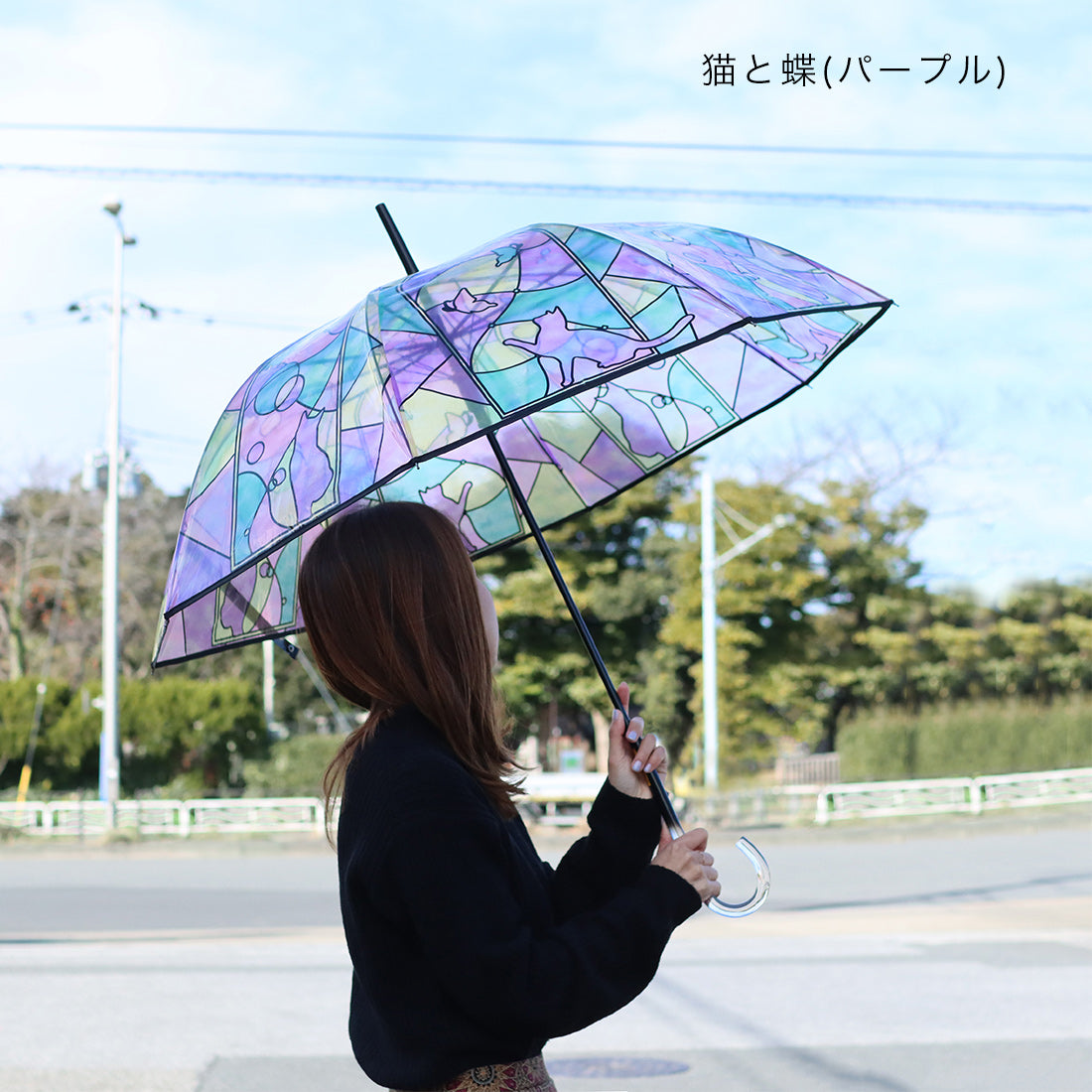 【預訂】日本直送 彩繪玻璃風貓與蝶透明雨傘